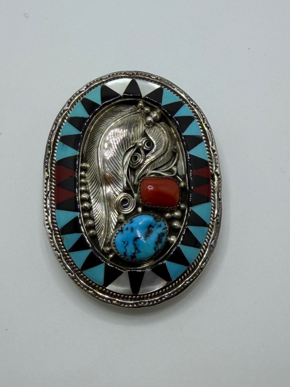 Vintage Sterling Silver 925 Southwestern Turquoise Coral Inlay Belt Buckle 52g